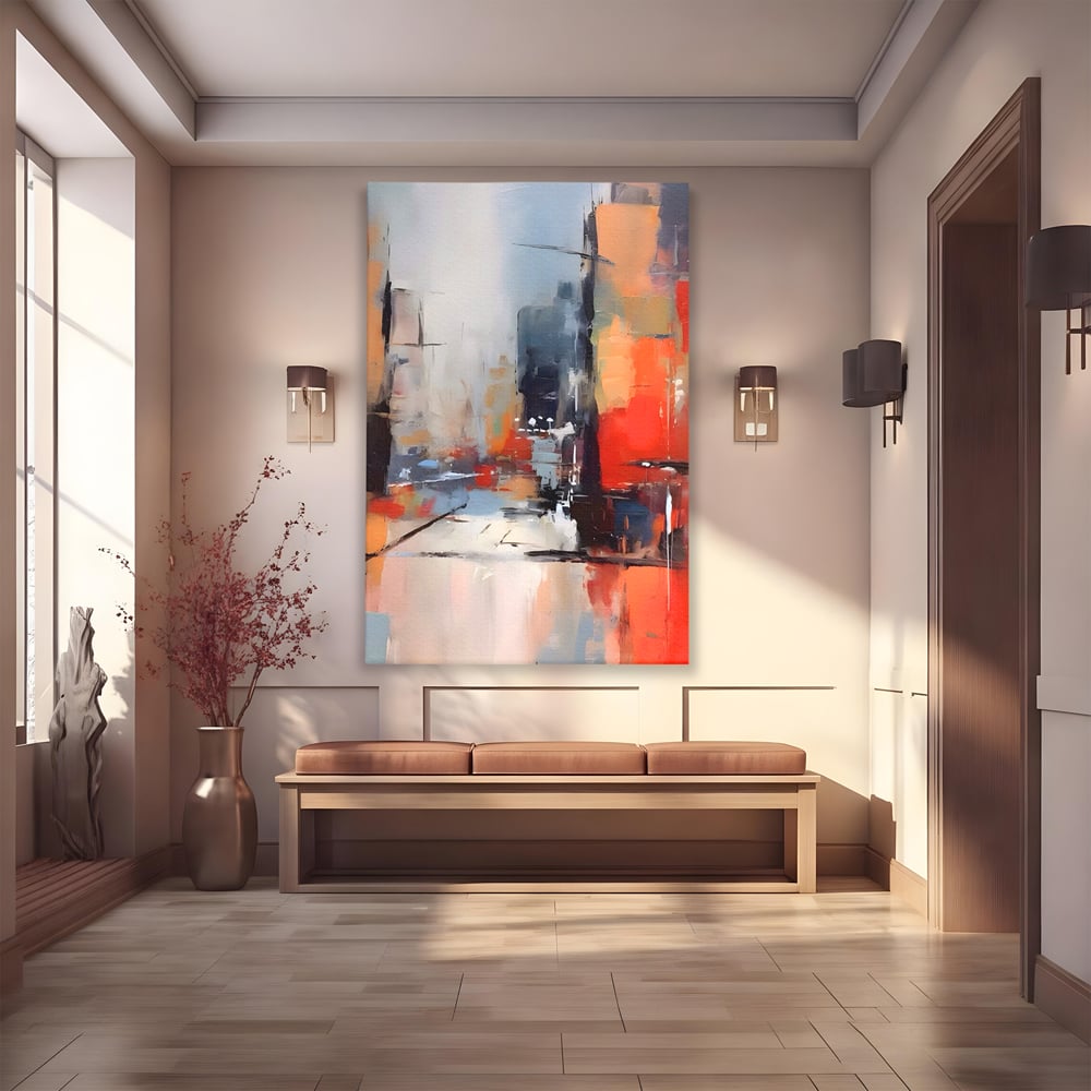 Tablou canvas cu pictura abstracta cu oras si cladiri, fara rama, pe sasiu de lemn